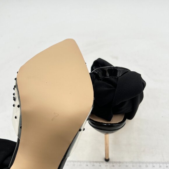 FSJ Black High Heel Ankle Strap Pointed Toe Rivets Pumps PVC Club Dress Sandals - Picture 6 of 8